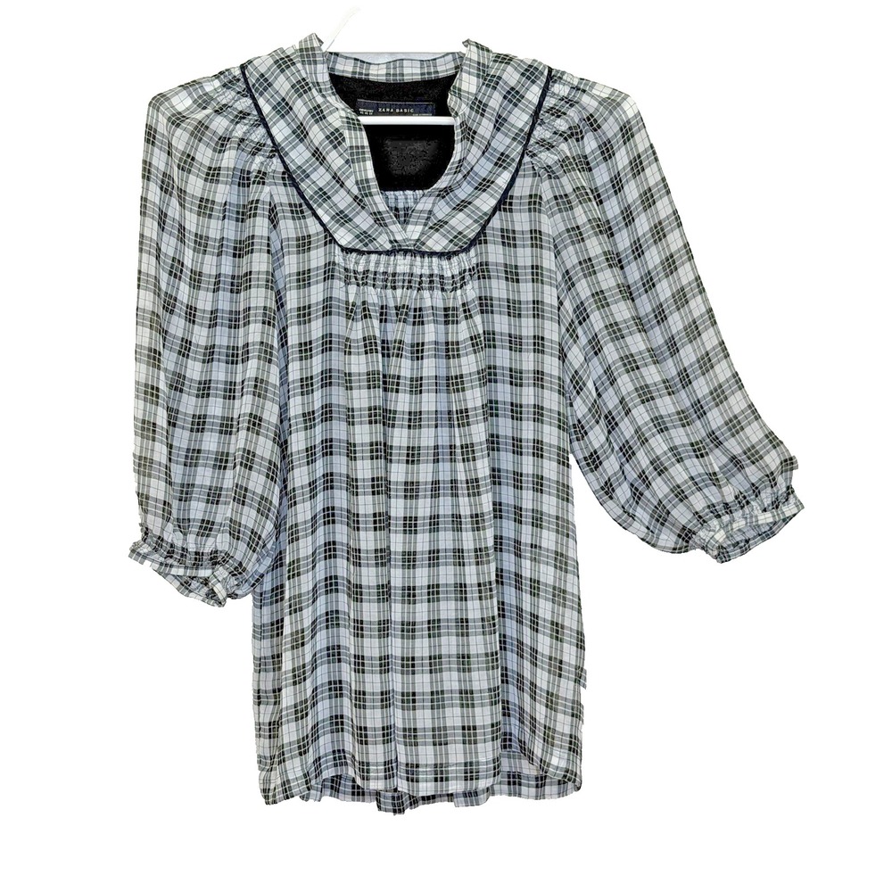Zara Basic Pullover Top Womens XS Black White Plaid V-Neck 3/4 Sleeve Chiffon